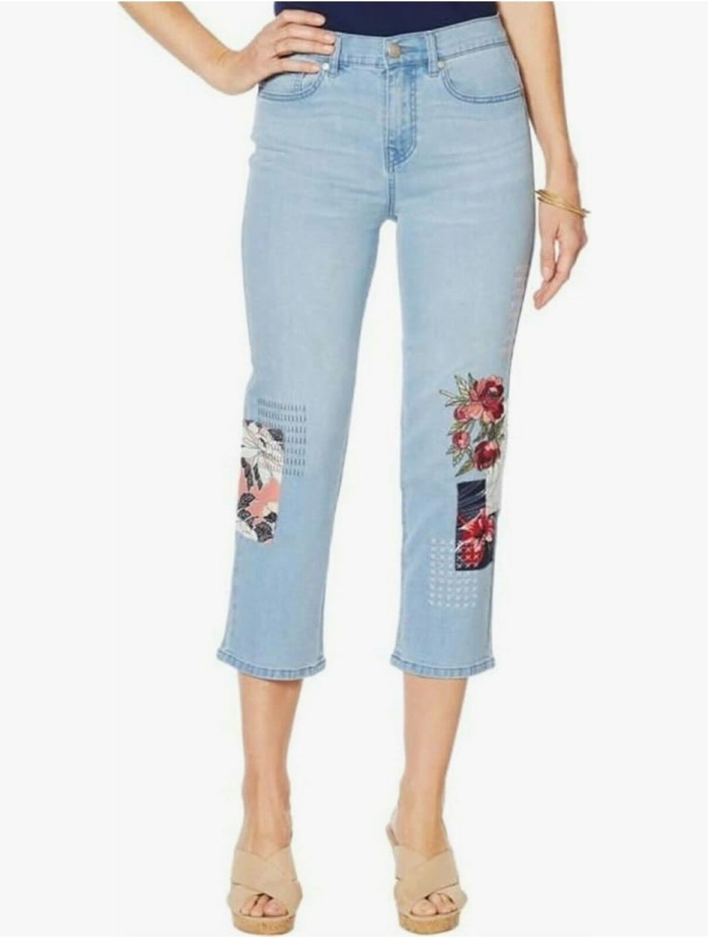 DG2 by Diane Gilman Light Wash Cropped Jeans with Floral Patchwork